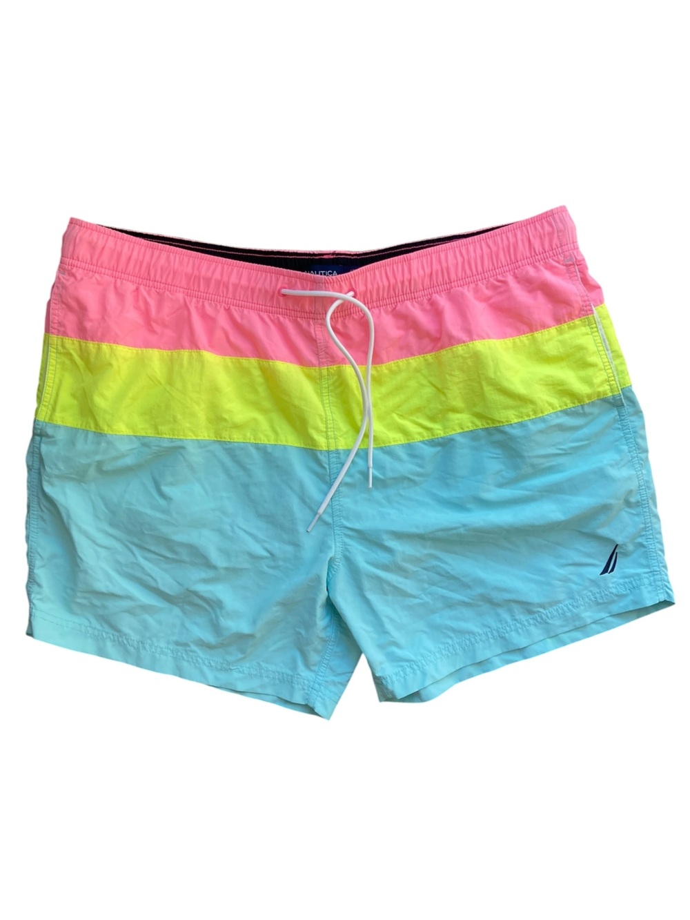 Nautica Swim Trunks Men's XXL Pink Yellow Blue Stripe Lined Beach Shorts